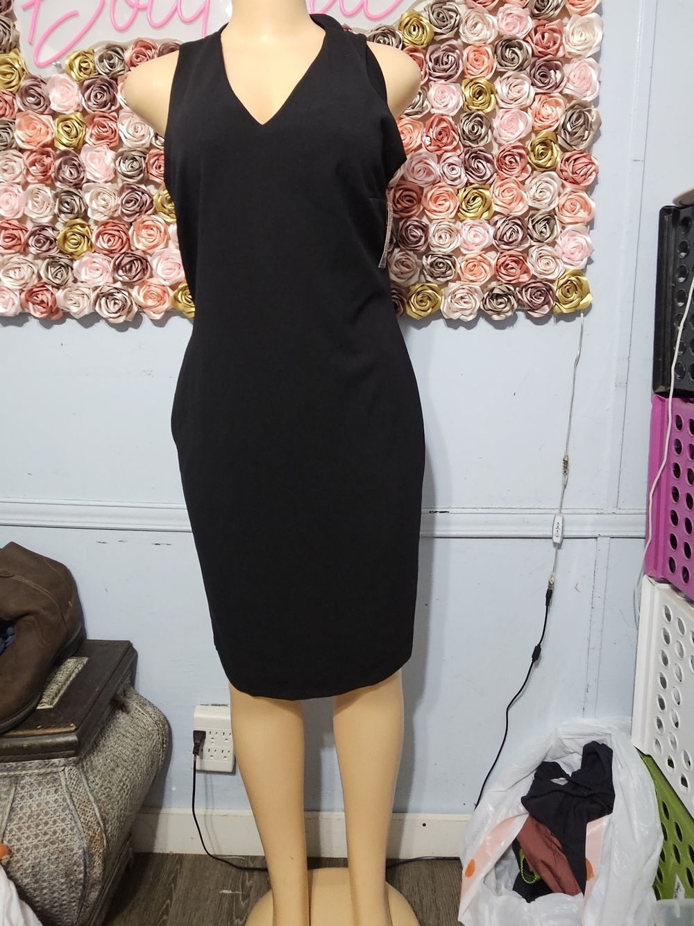 New York & Company Black V-Neck Midi Sheath Dress